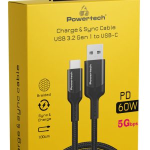 Powertech Braided USB 3.2 Cable USB-C male - Type C 60W Μαύρο 1m (PTR-0134)